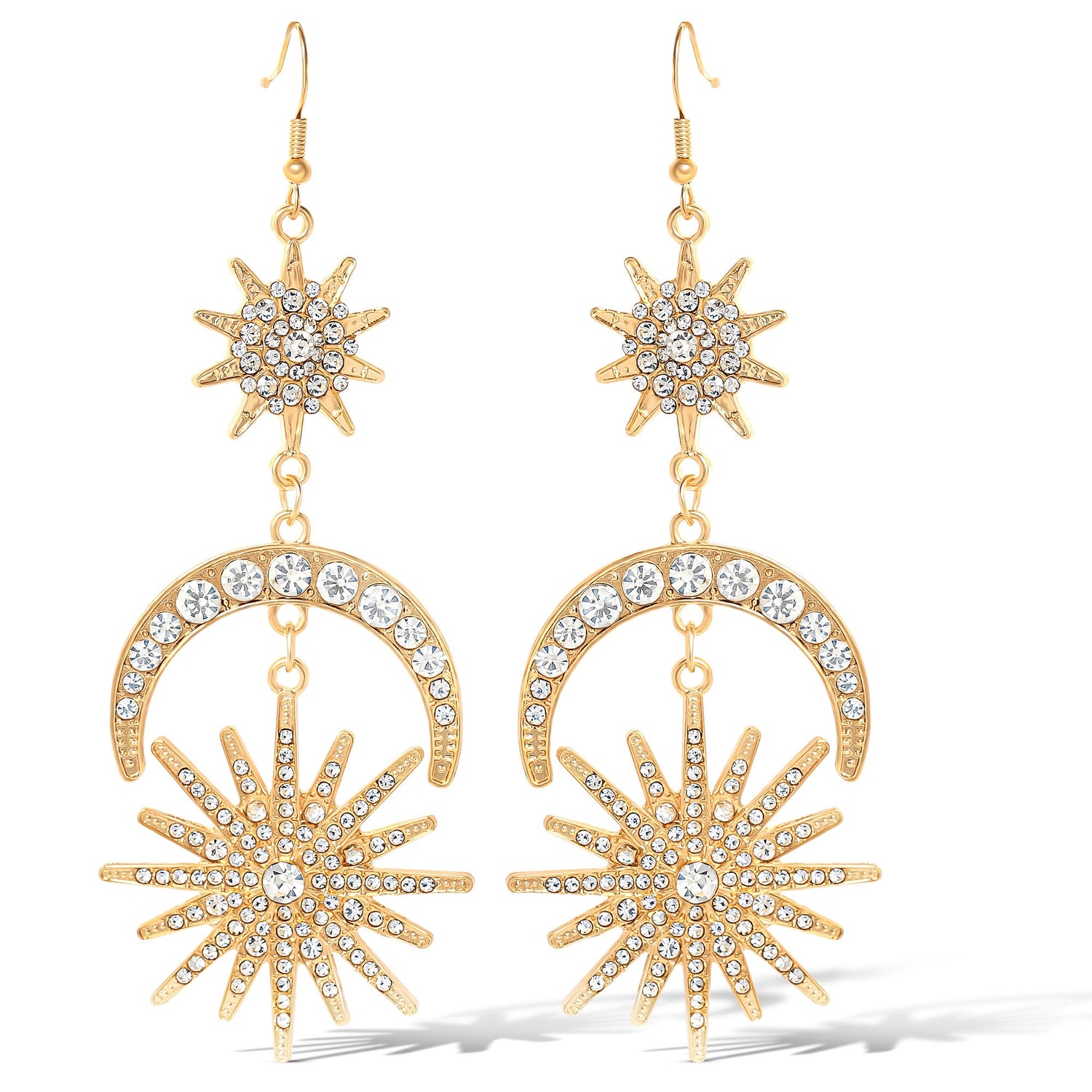 Jessica Simpson Sun Moon and Star Drop Earrings for Women - Gold-Tone Statement Earrings with Crystal Embellishments