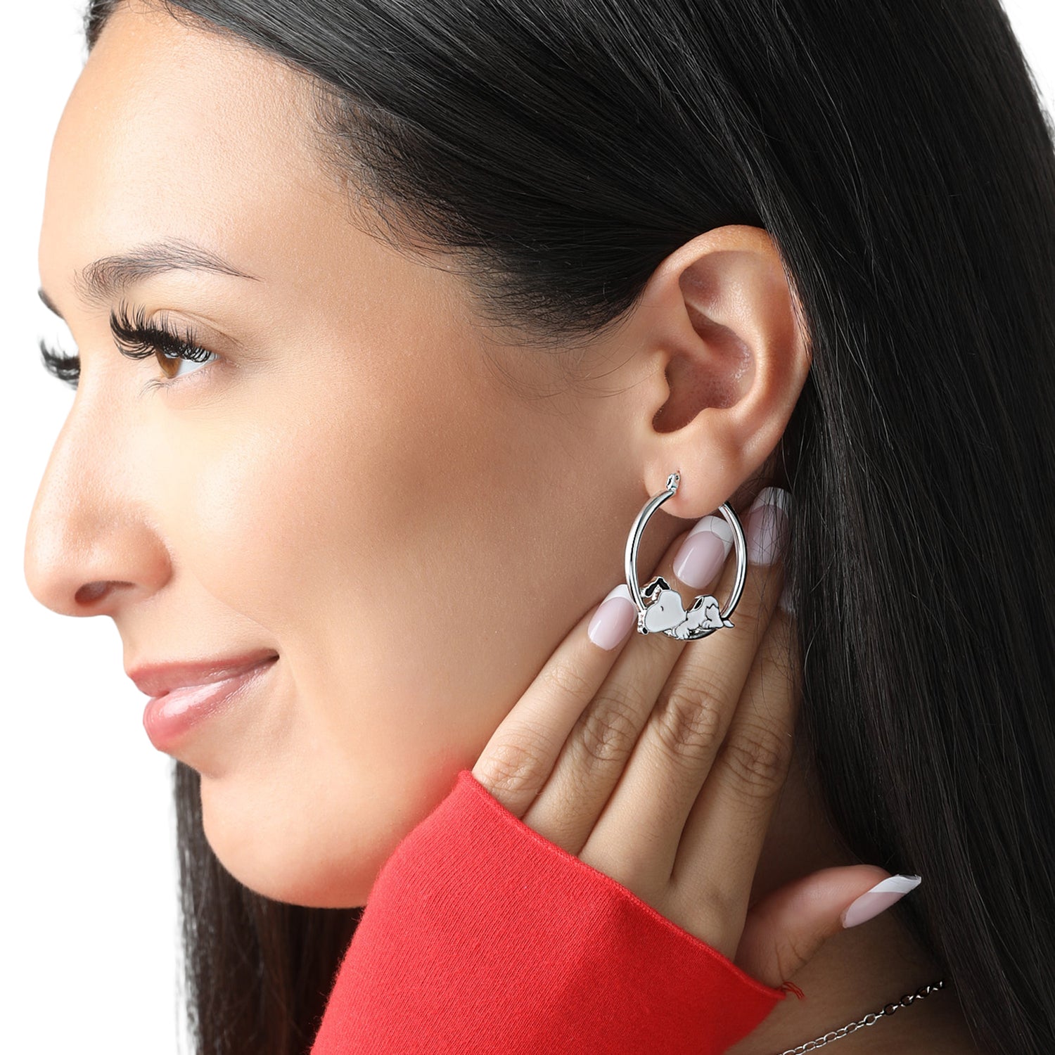 Peanuts Snoopy Hoop Earrings for Women, Silver-Tone and Enamel