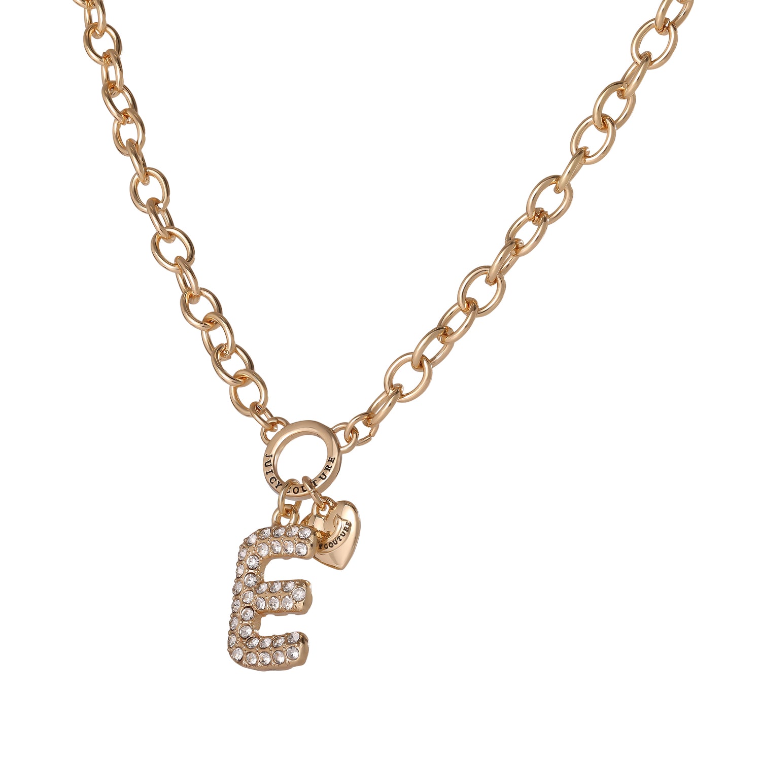 Juicy Couture Bubble Letter Necklace for Women with Clear Stones 18"+2", Chunky Initial Necklace Gold-Tone - E
