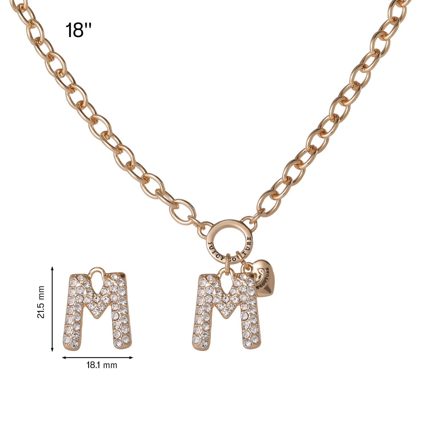 Juicy Couture Bubble Letter Necklace for Women with Clear Stones 18"+2", Chunky Initial Necklace Gold-Tone - M
