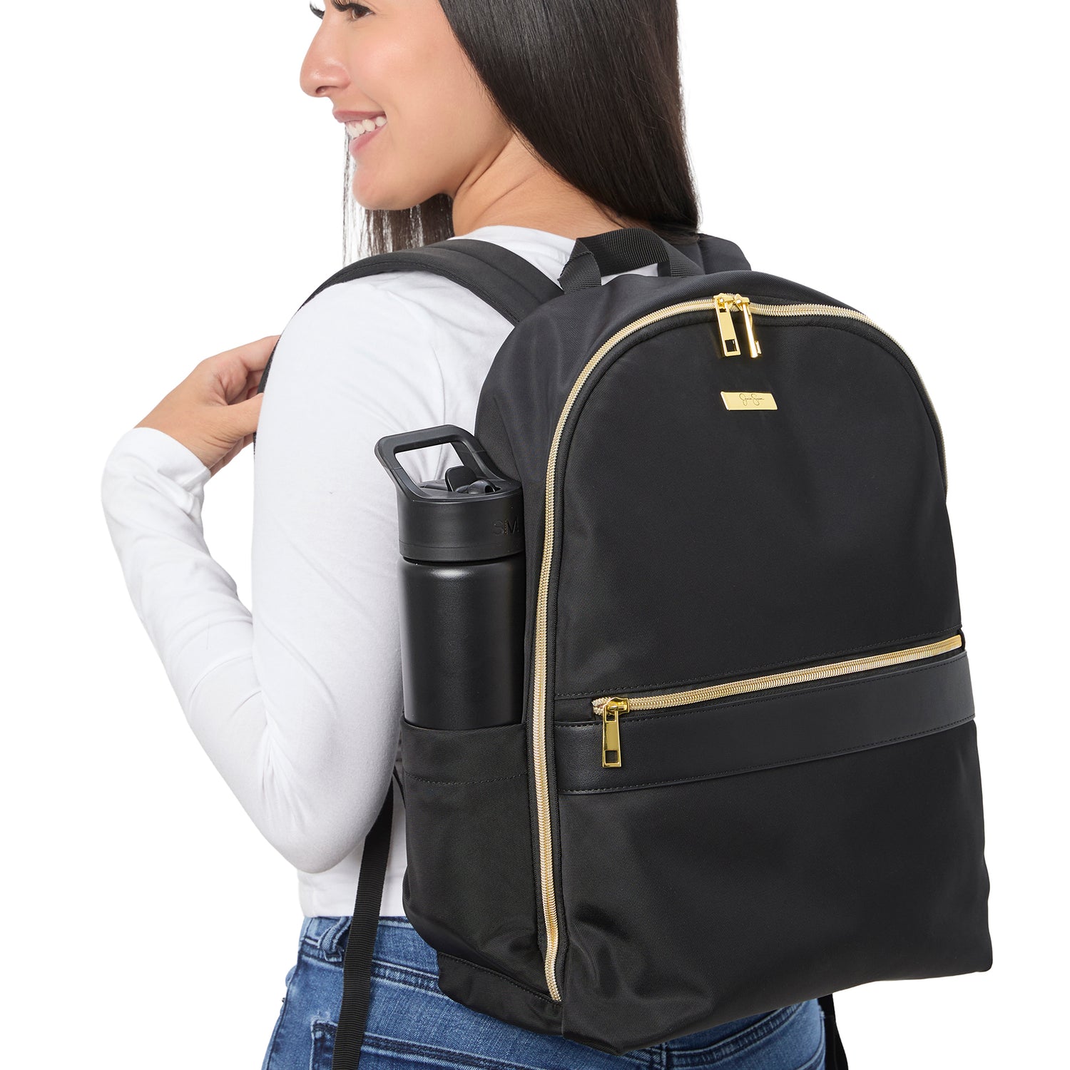 Jessica Simpson Black Laptop Backpack for Women, Work and Travel Backpack with Gold Hardware, 15" Laptop Sleeve