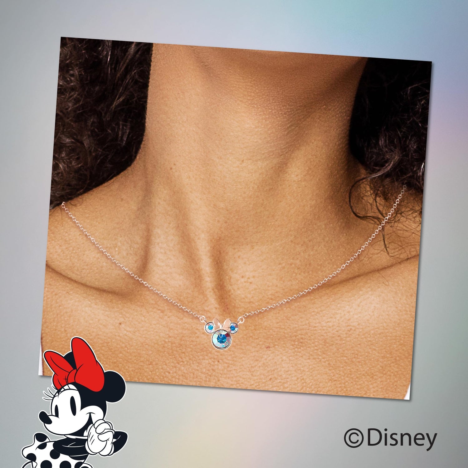 Disney Minnie Mouse Aurora Boreal Crystal Necklace 18"+2", Flash-Plated Official License