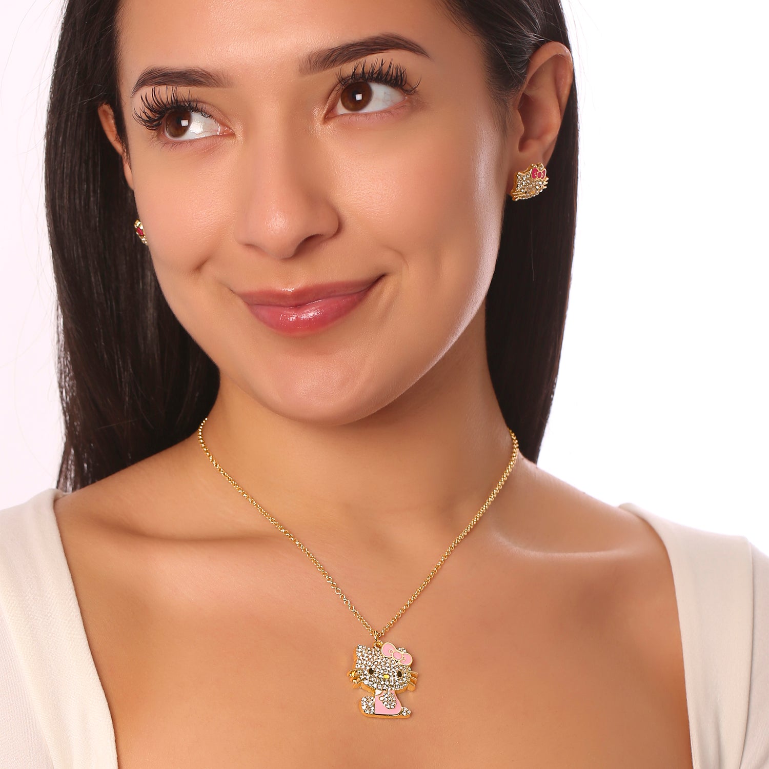 SALLY ROSE Hello Kitty Pink Enamel and Pave Crystal Pendant Necklace Official License, Gold-Tone 16+3 Hello Kitty Necklace, Sanrio Gifts - Pink