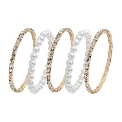Jessica Simpson Women's 5-Piece Stretch Bracelet Set, Crystal and Pearl Accents, Gold-Tone Plated Fashion Jewelry