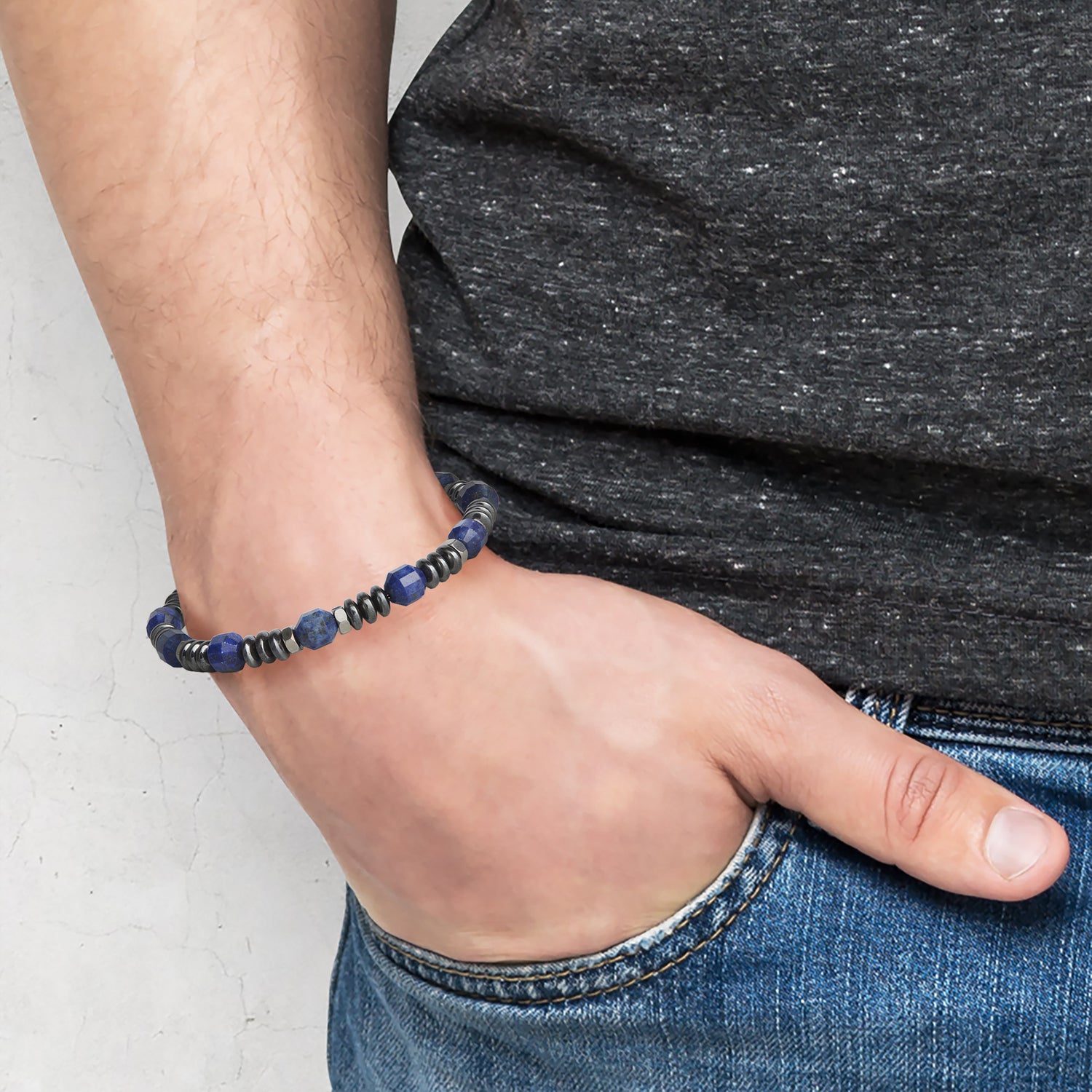 Lucky Brand Blue and Black Beaded Bracelets for Men, Lapis and Hematite - 8.5''