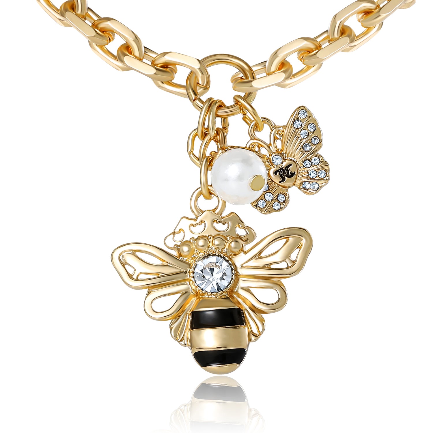 Juicy Couture Charm Cluster Bee Necklace, Gold‑Tone with Crystal Butterfly & Pearl Accents