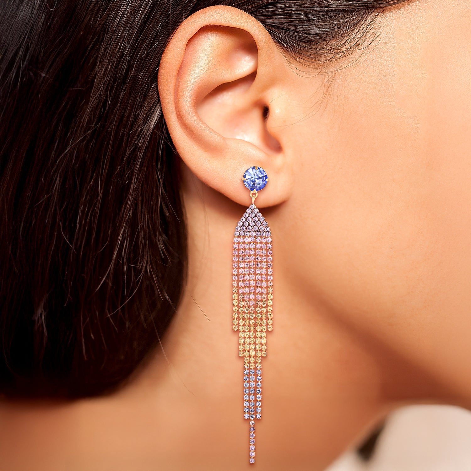 Jessica Simpson Crystal Rhinestone Fringe Dangle Long Statement Earrings - Multicolor
