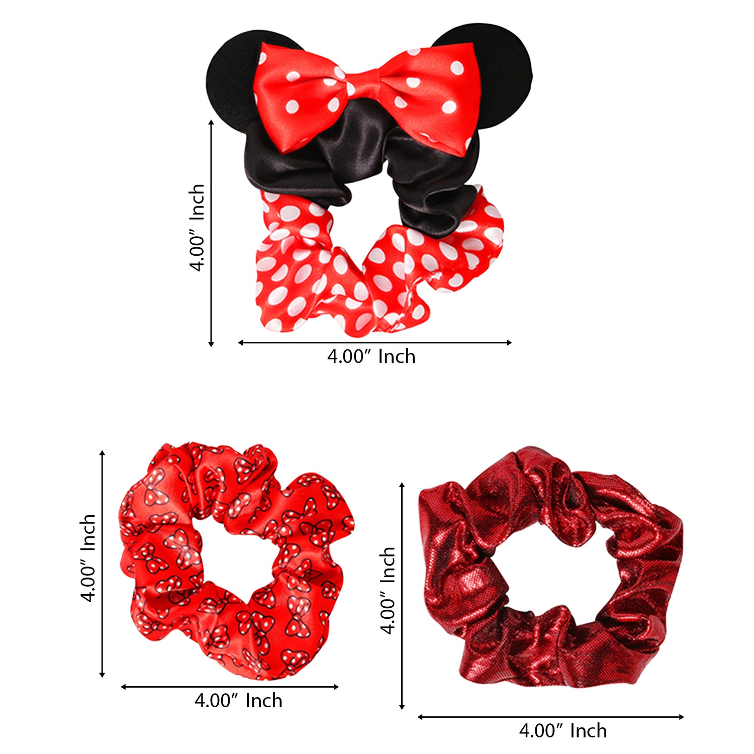 Minnie Mouse Scrunchies 3-Piece Official License, Disney Hair Accessories