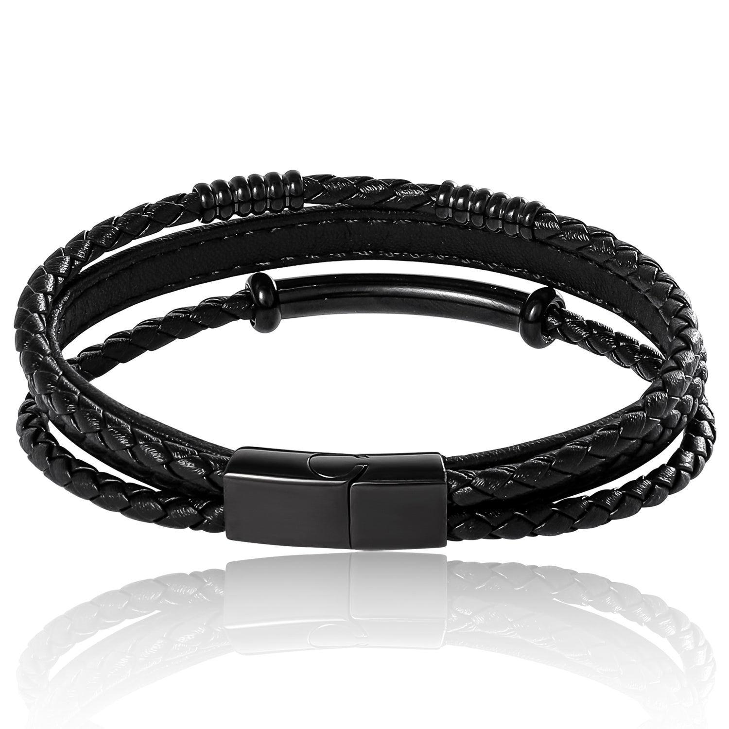 Lucky Brand Stainless Steel Triple Row Black Cord Bracelet - 8.25" - IP Black-Plated Finish