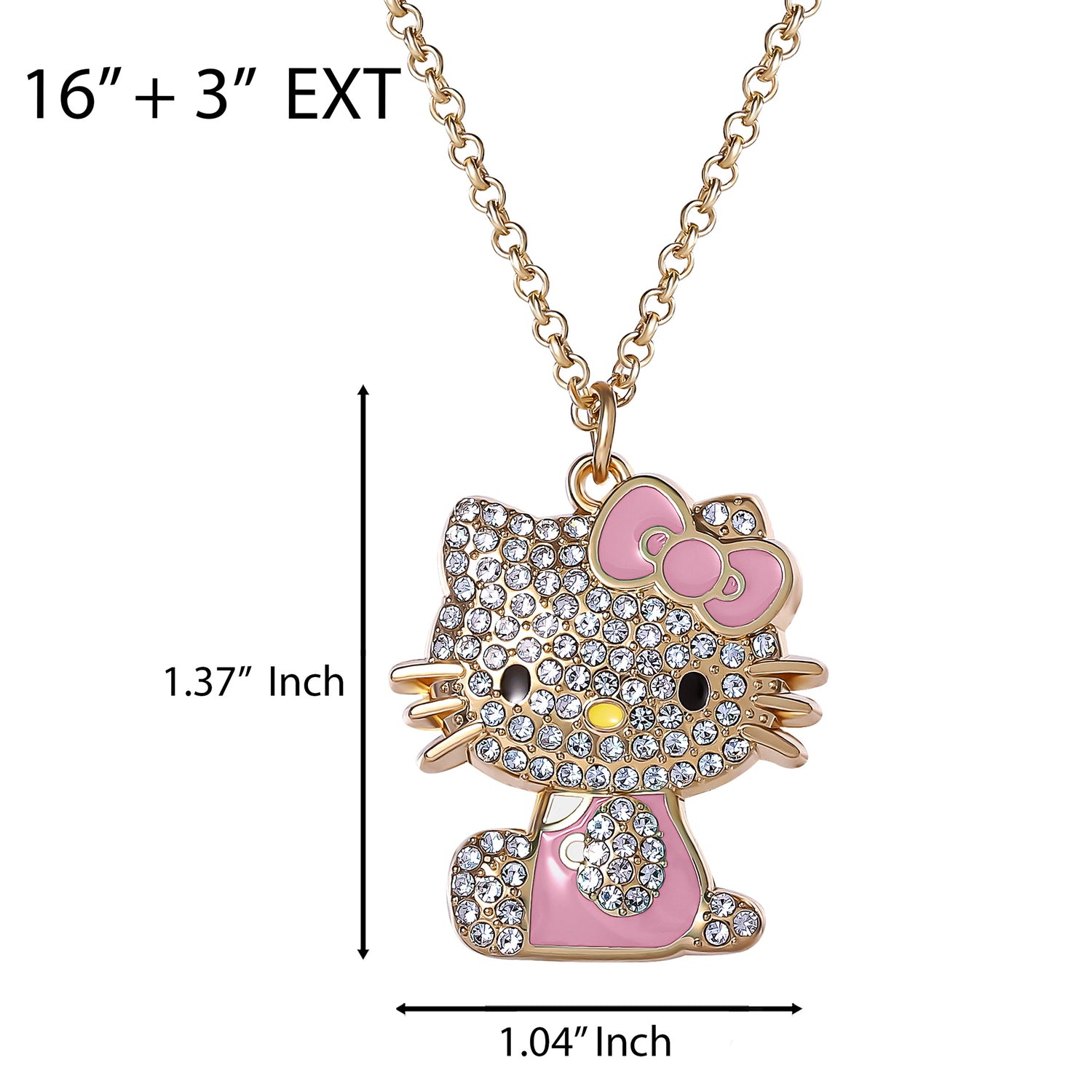 SALLY ROSE Hello Kitty Pink Enamel and Pave Crystal Pendant Necklace Official License, Gold-Tone 16+3 Hello Kitty Necklace, Sanrio Gifts - Pink
