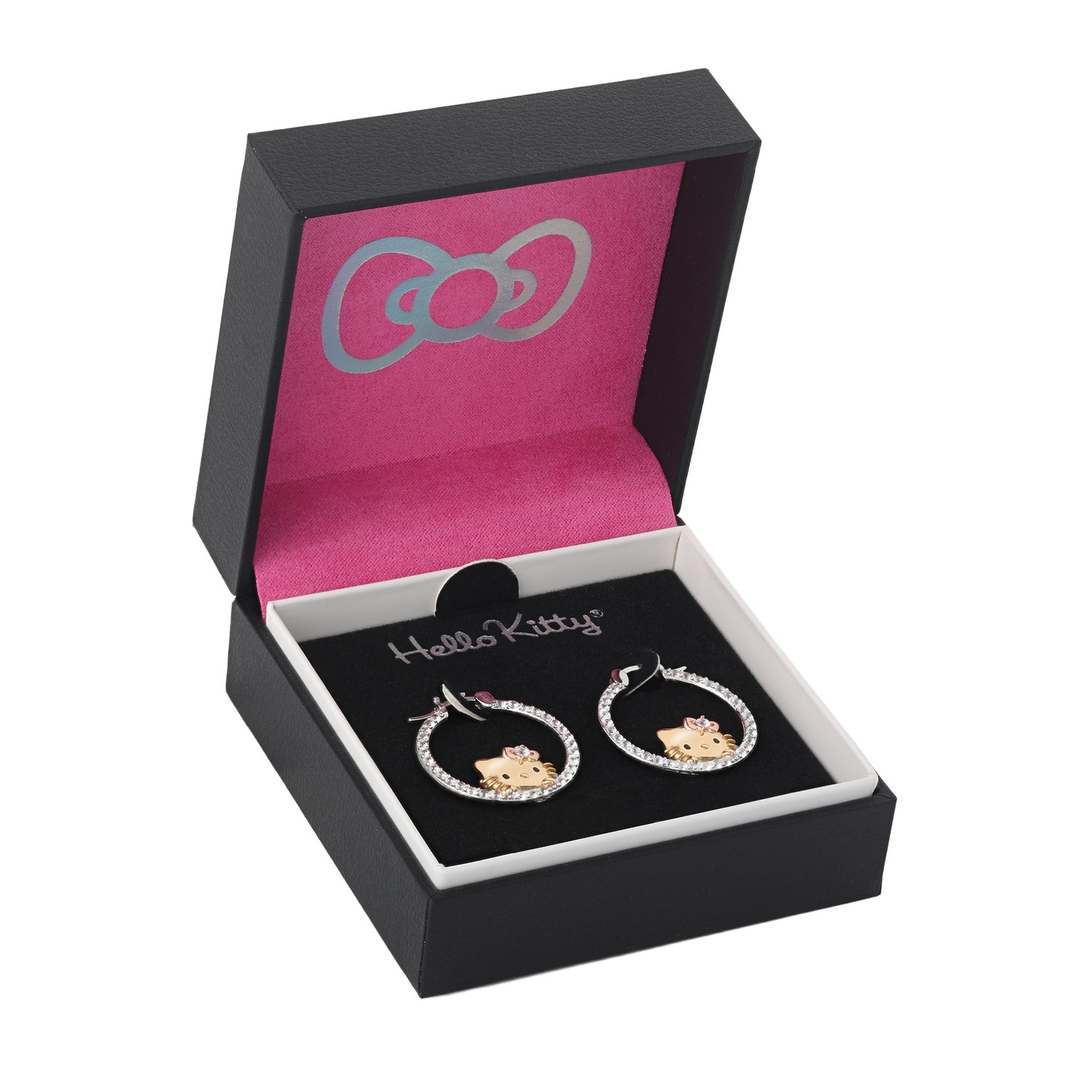Hello Kitty Pop-Up Hoop Earrings, Tri-Color Sterling Silver with Created White Sapphire, Official License