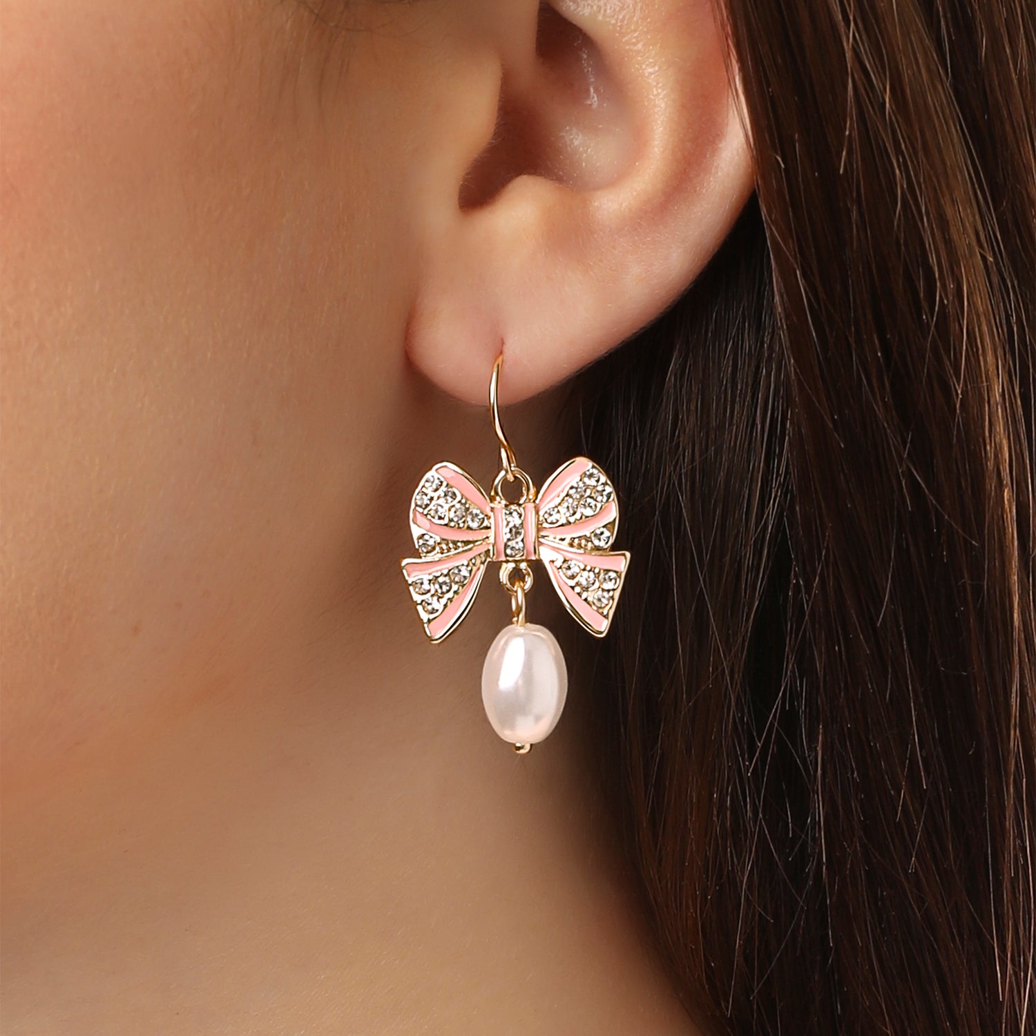 Celebrity Pink Pearl and Bow Jewelry Set with Necklace and Drop Earrings