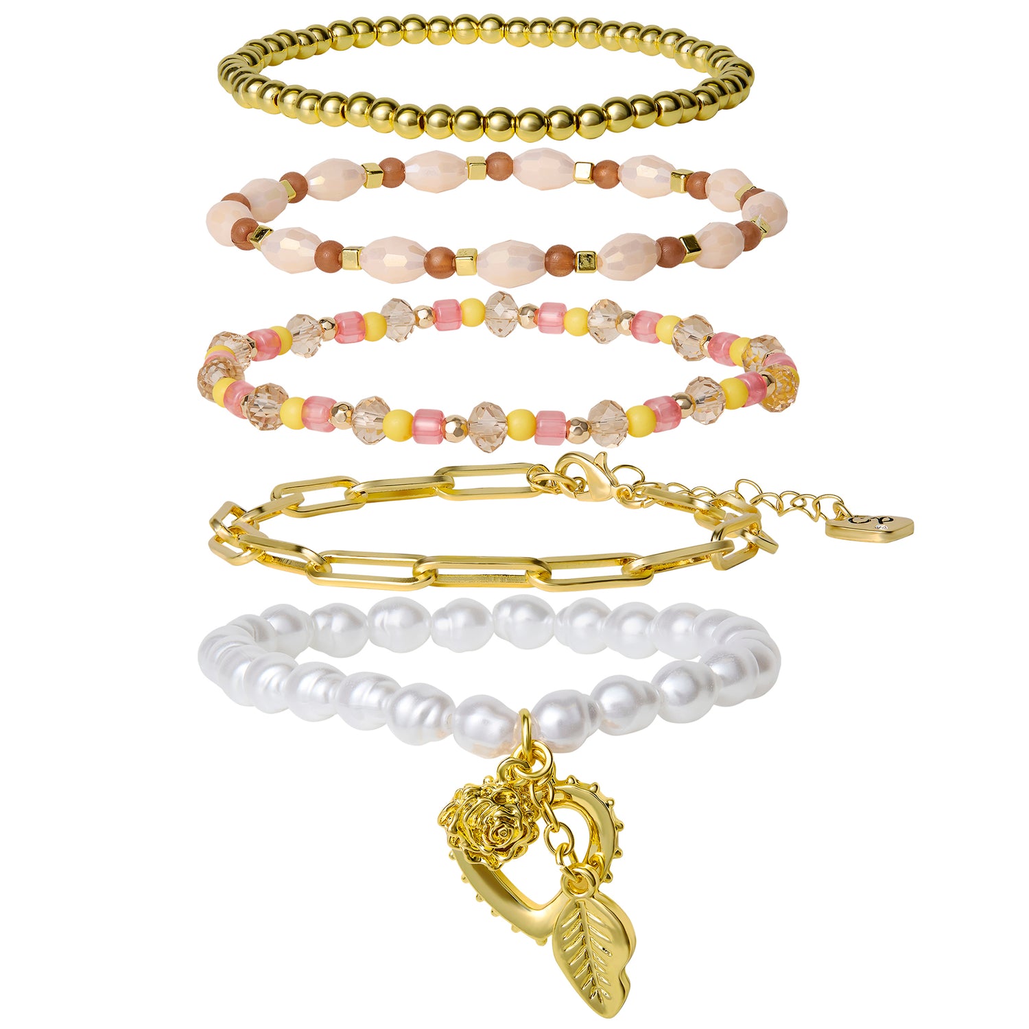 Celebrity Pink Stackable Gold-Tone and Bead Bracelets for Women 5-Piece Set