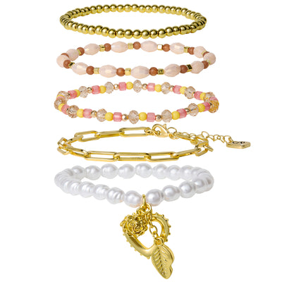 Celebrity Pink Stackable Gold-Tone and Bead Bracelets for Women 5-Piece Set