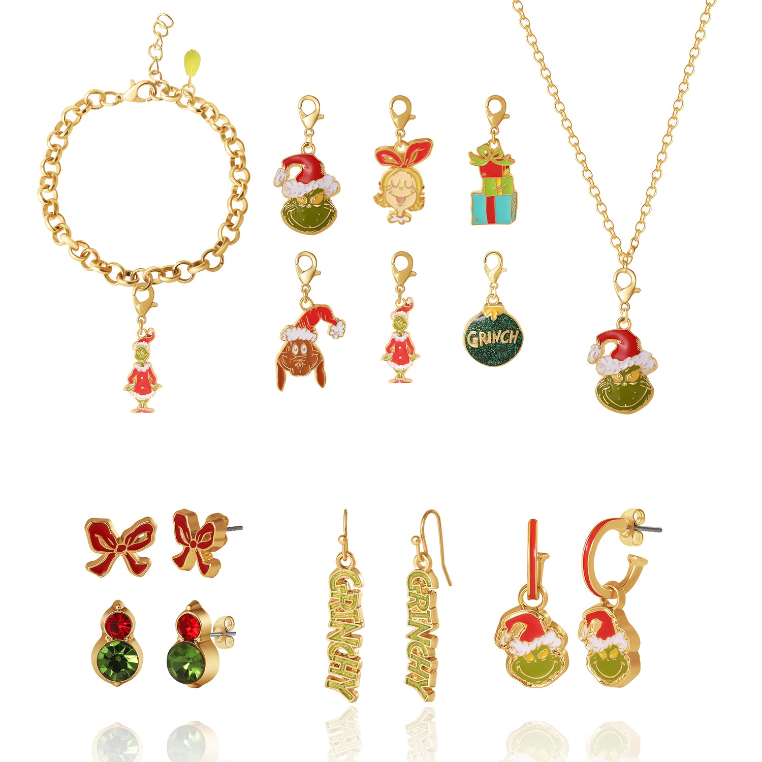 The Grinch Holiday Charm Jewelry Set with Earrings and Chains