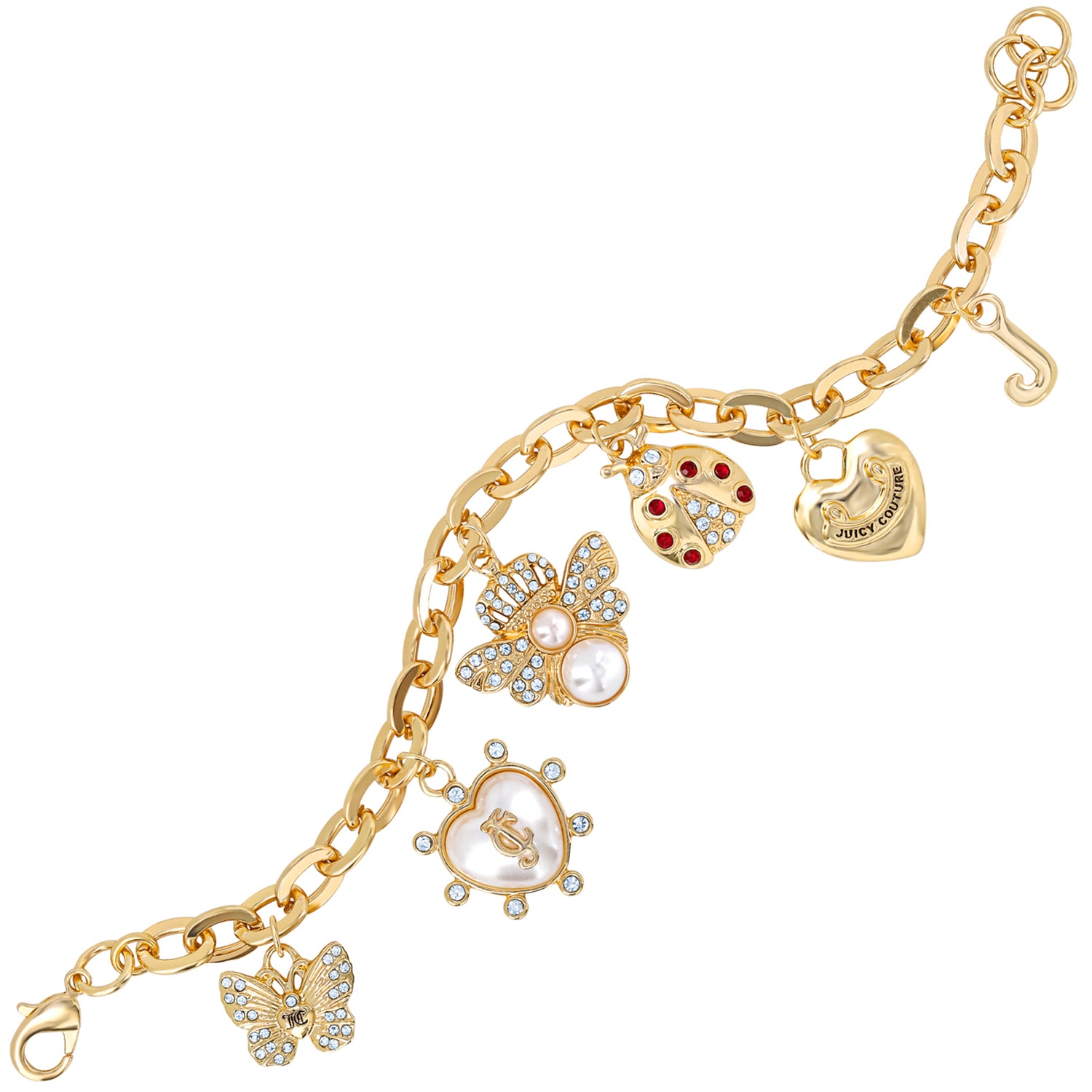 Juicy Couture Pearl & Icon Charm Bracelet, Gold‑Tone Link with Faux Pearls