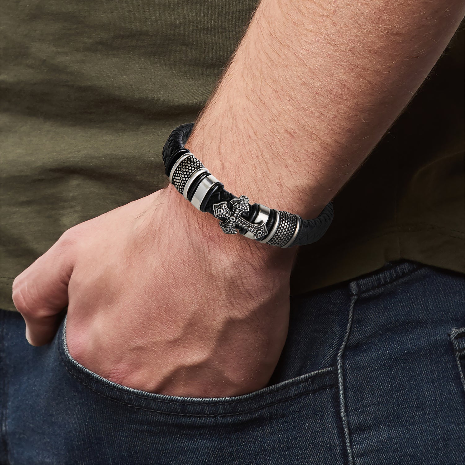 Lucky Brand Black Cross Bracelet for Men, Stainless Steel Faith Bracelet - 8.5''