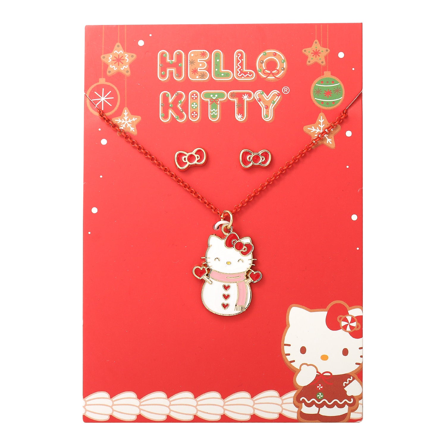 Hello Kitty Sanrio Snowman Necklace + Earrings Official License, 16"+3" Necklace and Bow Stud Earrings