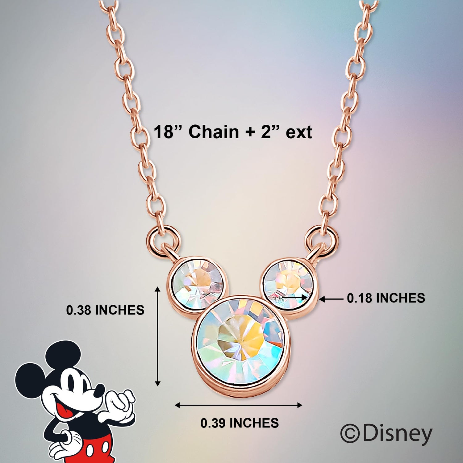 Disney Mickey Mouse Aurora Boreal Crystal Necklace 18"+2", Flash-Plated Official License