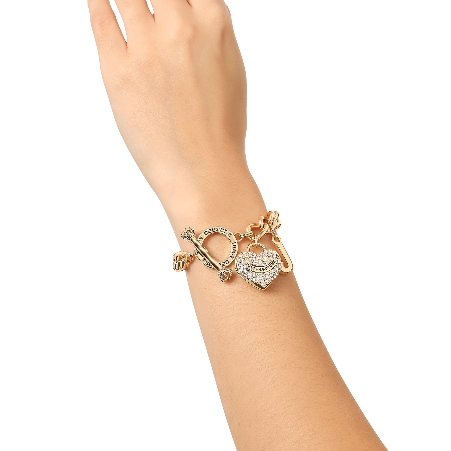 Juicy Couture Bracelet 7.5", Goldtone Toggle Bracelets for Women with Clear Stone Heart Charm