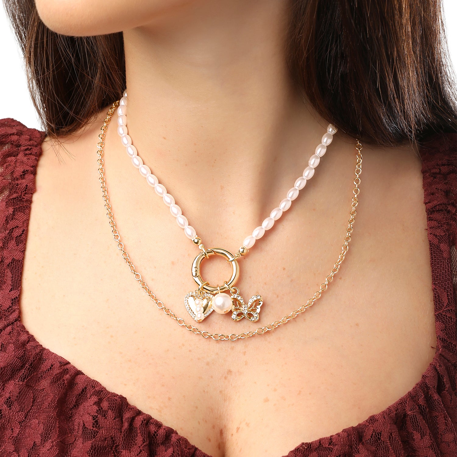 Celebrity Pink Gold and Pearl Necklace Set for Women 2-Piece, Dangle Charms