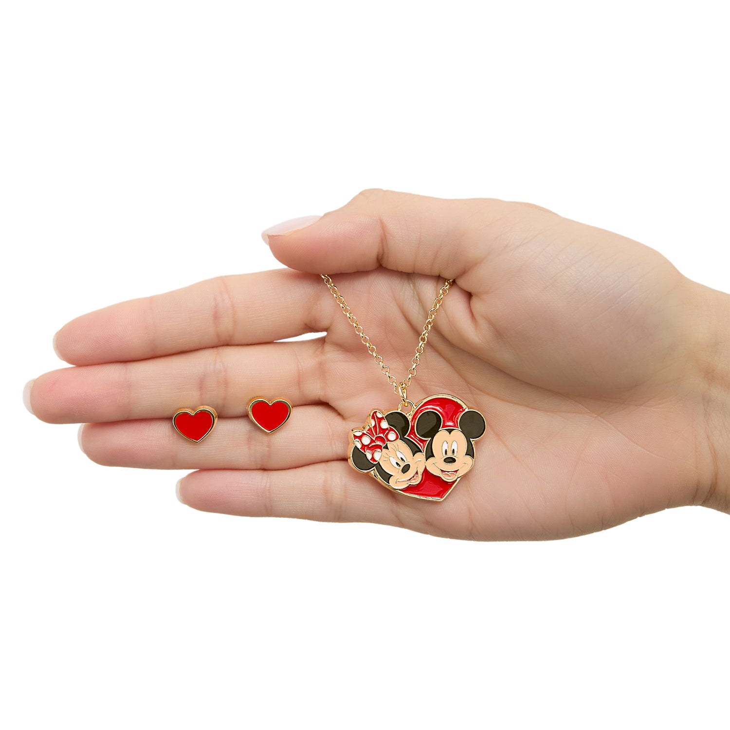 Disney Mickey & Minnie Heart Necklace and Stud Earrings Set