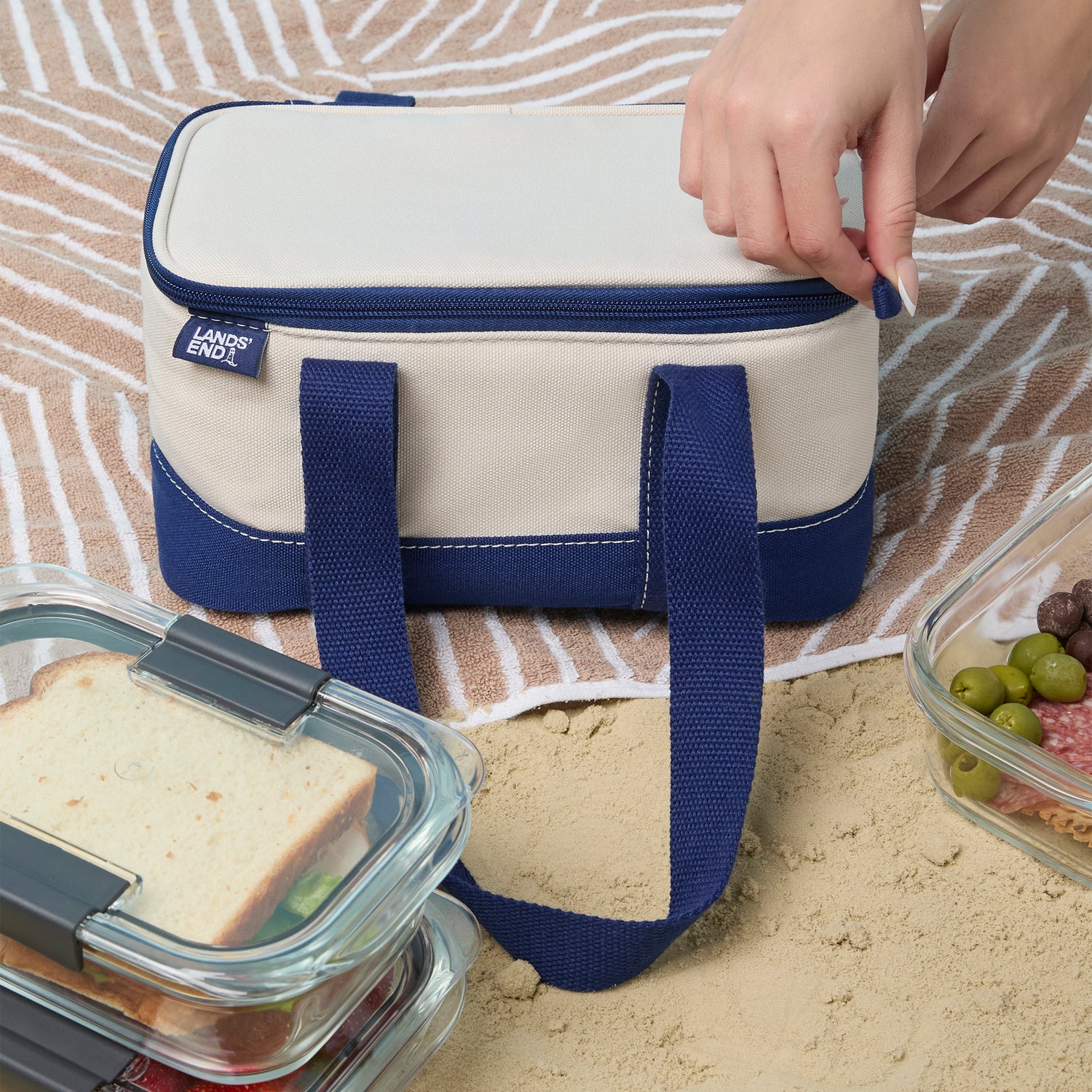 Lands' End Rectangular Small Cooler Bag Insulated 1.5 Gal, Canvas Soft Cooler with Tote Handles and Zip Closure (Navy) - Navy