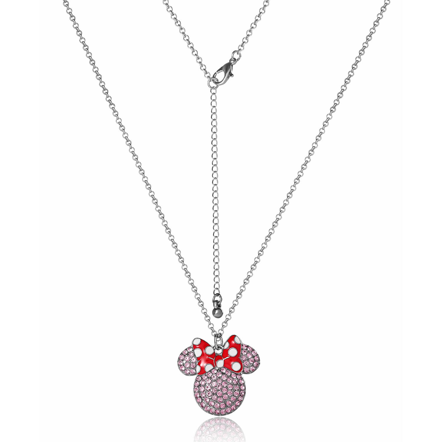 Disney Minnie Mouse Necklace for Women Official License, 16"+3" Pave Pink Crystal Minnie Necklace with Red Bow, Jewelry - Pink