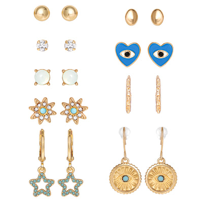 Jessica Simpson Gold-Tone Evil-Eye, Heart & Star Stud & Hoop Earring Set, 9 Pairs