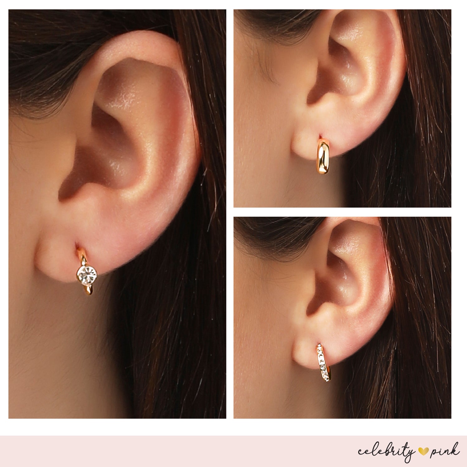 Celebrity Pink Gold-Tone Hoop Earrings for Women 6-Pack with Rhinestones | Small Hoops Yellow Gold-Tone, Rhinestone Accents, Dangling Heart Charm, Star Pendant, Huggie Earrings, 6 Different Pairs