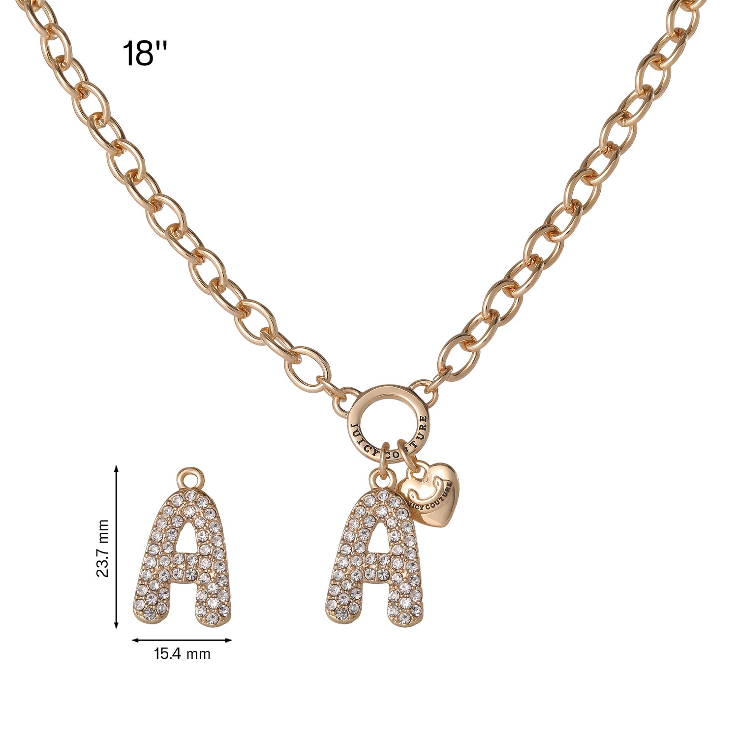 Juicy Couture Bubble Letter Necklace for Women with Clear Stones 18"+2", Chunky Initial Necklace Gold-Tone - A