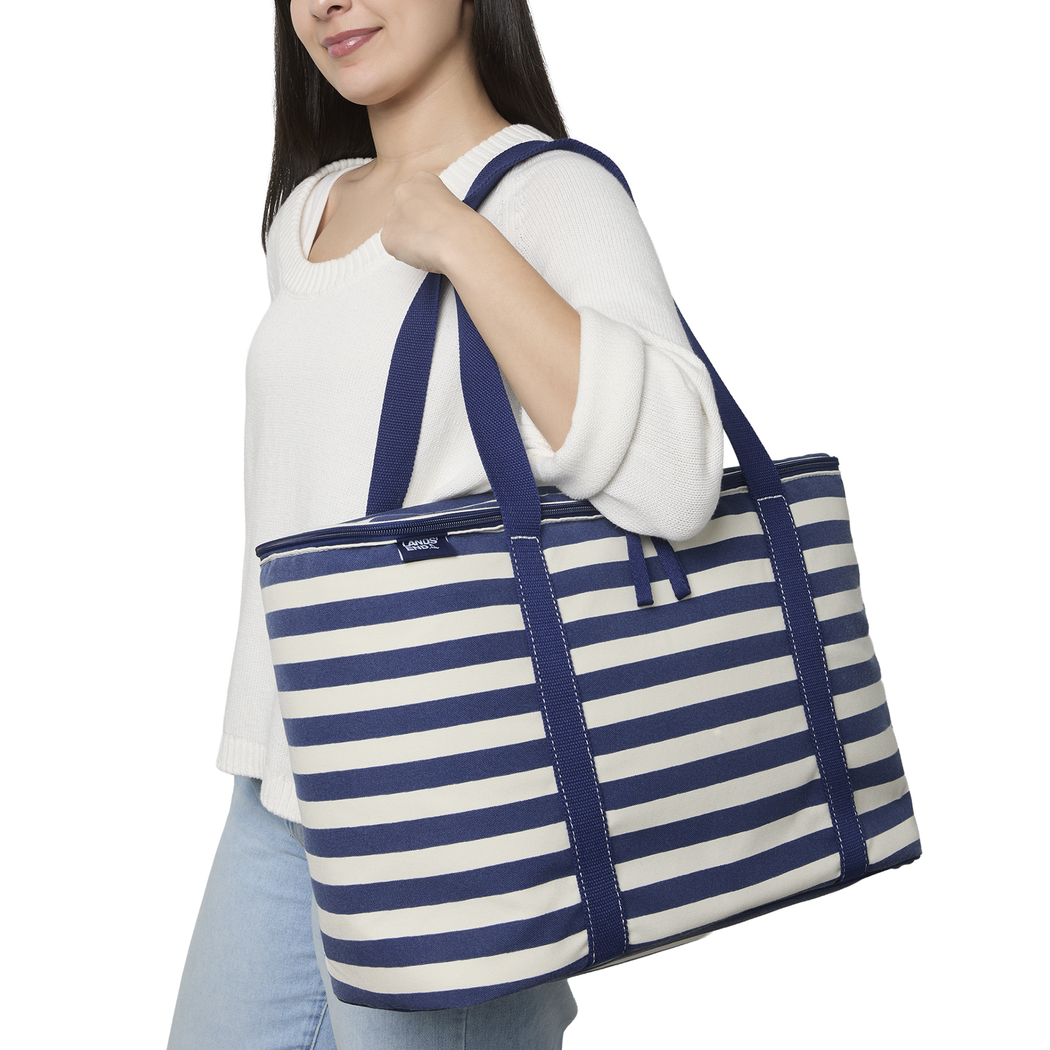 Lands' End Rectangular Large Cooler Bag Insulated 8 Gal, Canvas Soft Cooler with Tote Handles and Zip Closure (Navy Stripe) - Navy Stripe