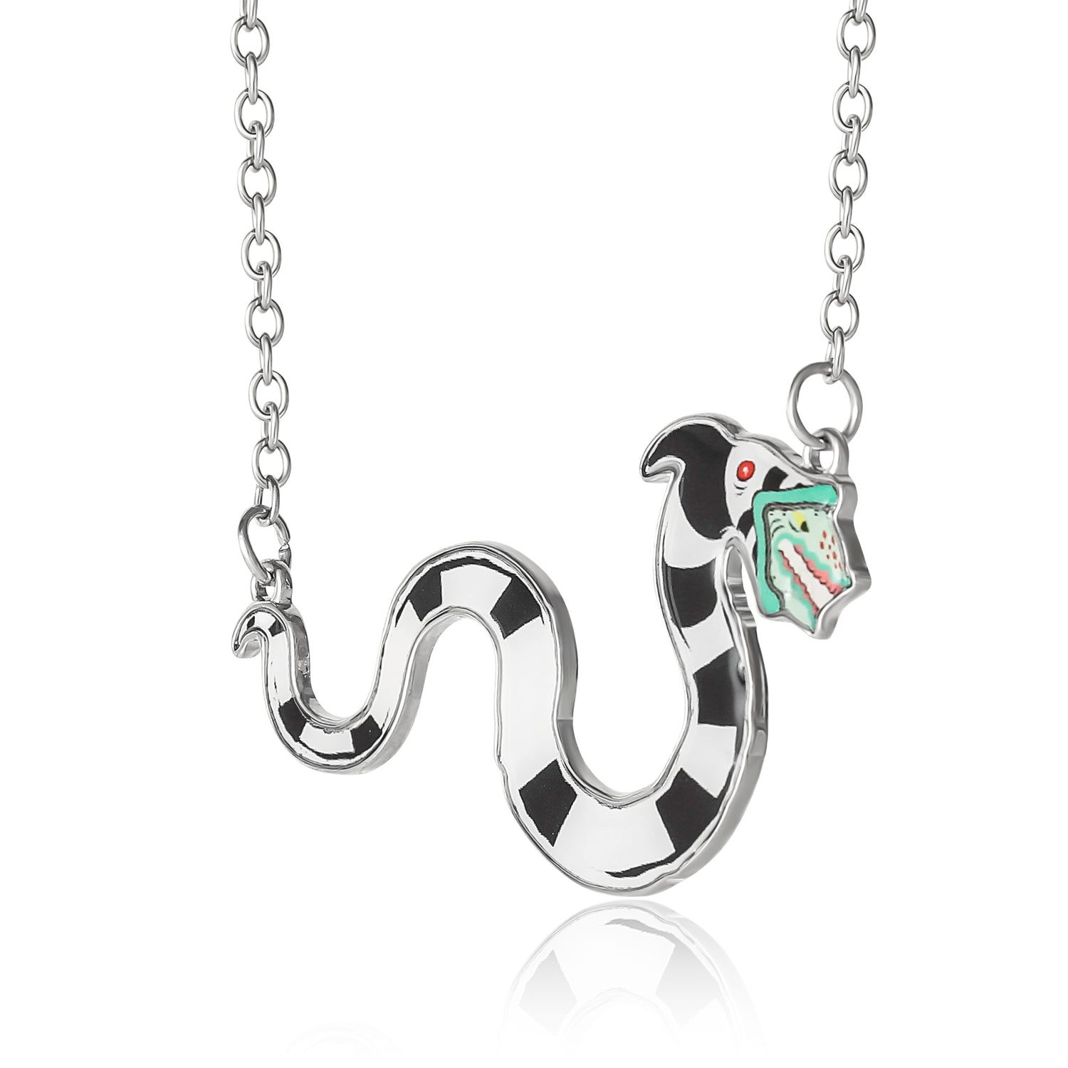 SALLY ROSE Beetlejuice Sandworm Pendant Necklace for Women Official License, 18"+3" Silver Tone and Enamel Beetlejuice Jewelry
