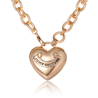 Juicy Couture Puffy Heart Necklace Gold Tone, Logo Heart Ladies Necklace Long 28"+2", Juicy Gifts