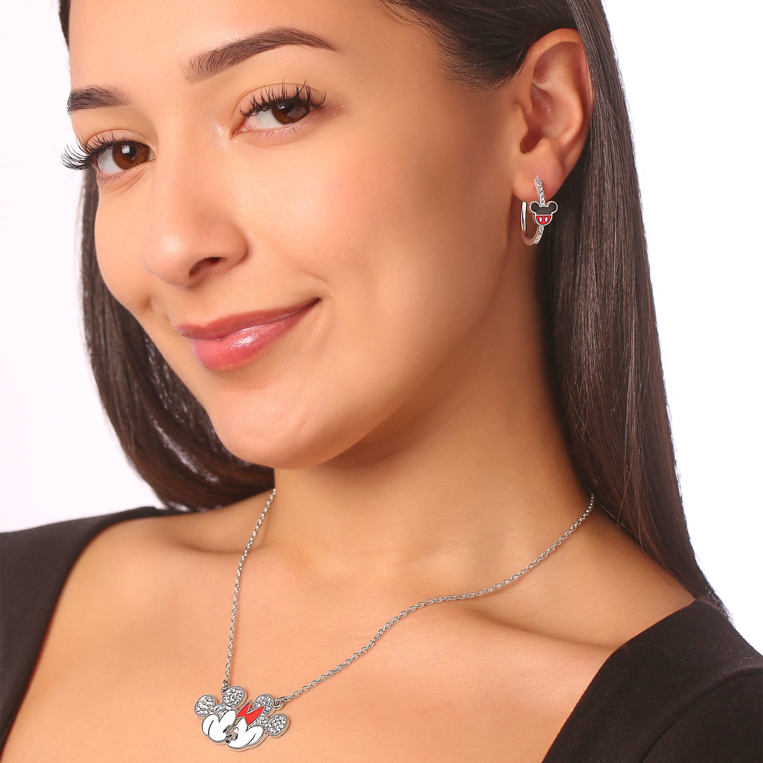 Disney Mickey Mouse Hoop Earrings Official License, Silver Flash-Plated Cubic Zirconia Disney Earrings for Women, Mickey Earrings