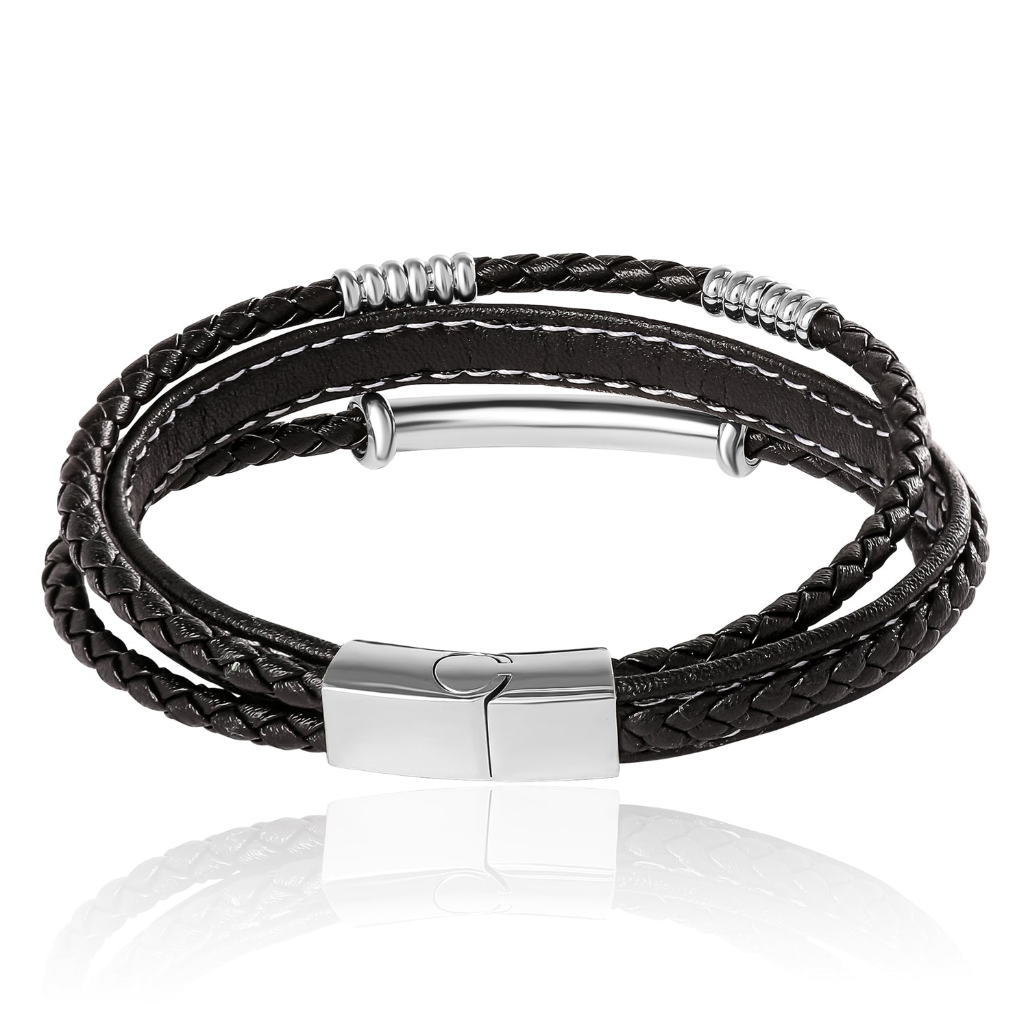 Stainless Steel Triple Row Black Cord Bracelet - 8.25" - Polished Stainless Steel Finish