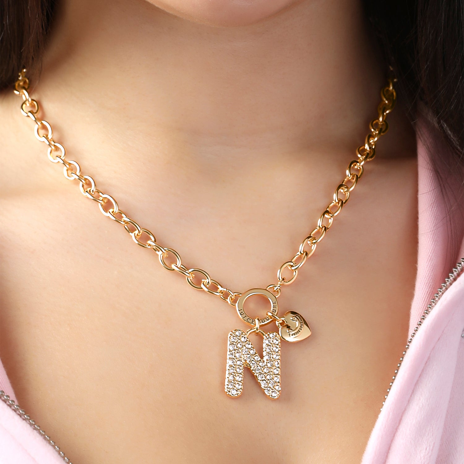 Juicy Couture Bubble Letter Necklace for Women with Clear Stones 18"+2", Chunky Initial Necklace Gold-Tone - N