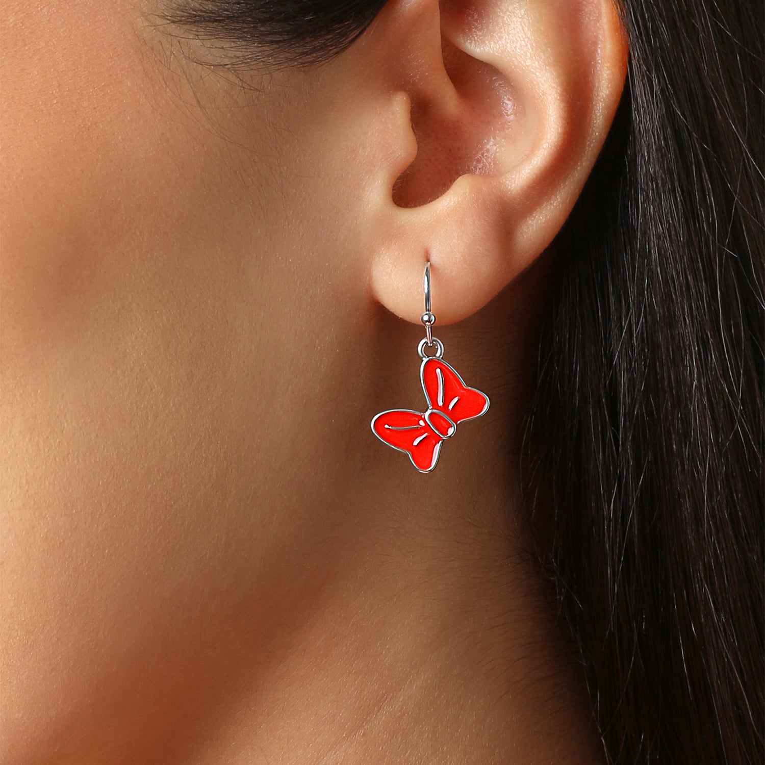 Disney Minnie Mouse Red Bow Earring Set, 3 Pairs (Hoops, Drops & Studs), Silver‑Tone