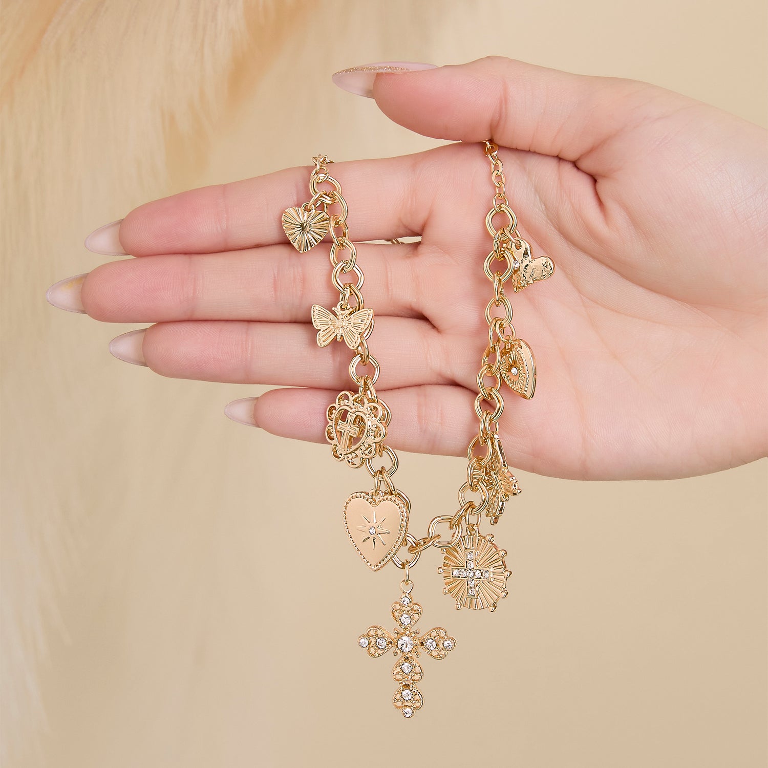 JS Jessica Simpson Gold Tone Textured Cross Heart Charm Necklace
