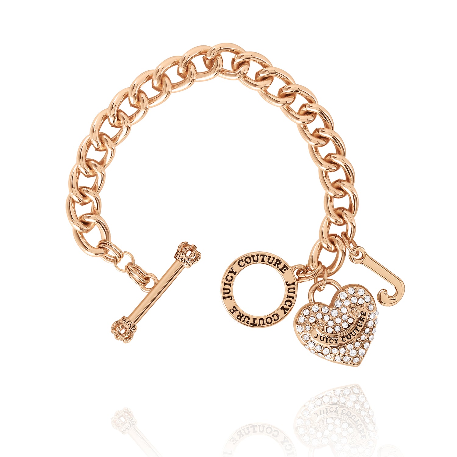 Juicy Couture Bracelet 7.5", Goldtone Toggle Bracelets for Women with Clear Stone Heart Charm