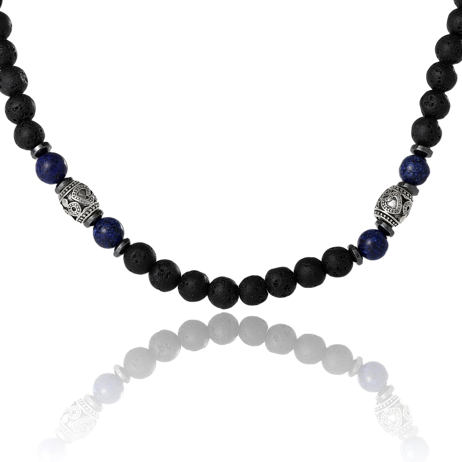 Lucky Brand Men’s Lava Rock & Lapis Beaded 22'' Necklace, Silver‑Tone Barrel Accents