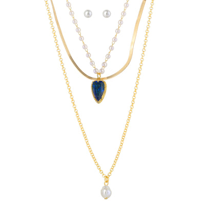 Celebrity Pink Pearl Earrings and Gold Necklaces Jewelry Set, 4-Piece