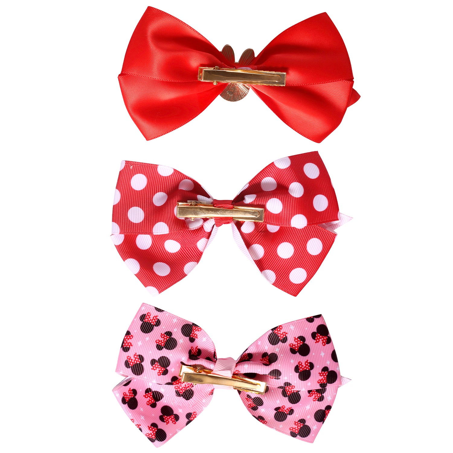 Minnie Mouse Bow for Hair 3-Piece Official License, Pink and Red Hair Bows