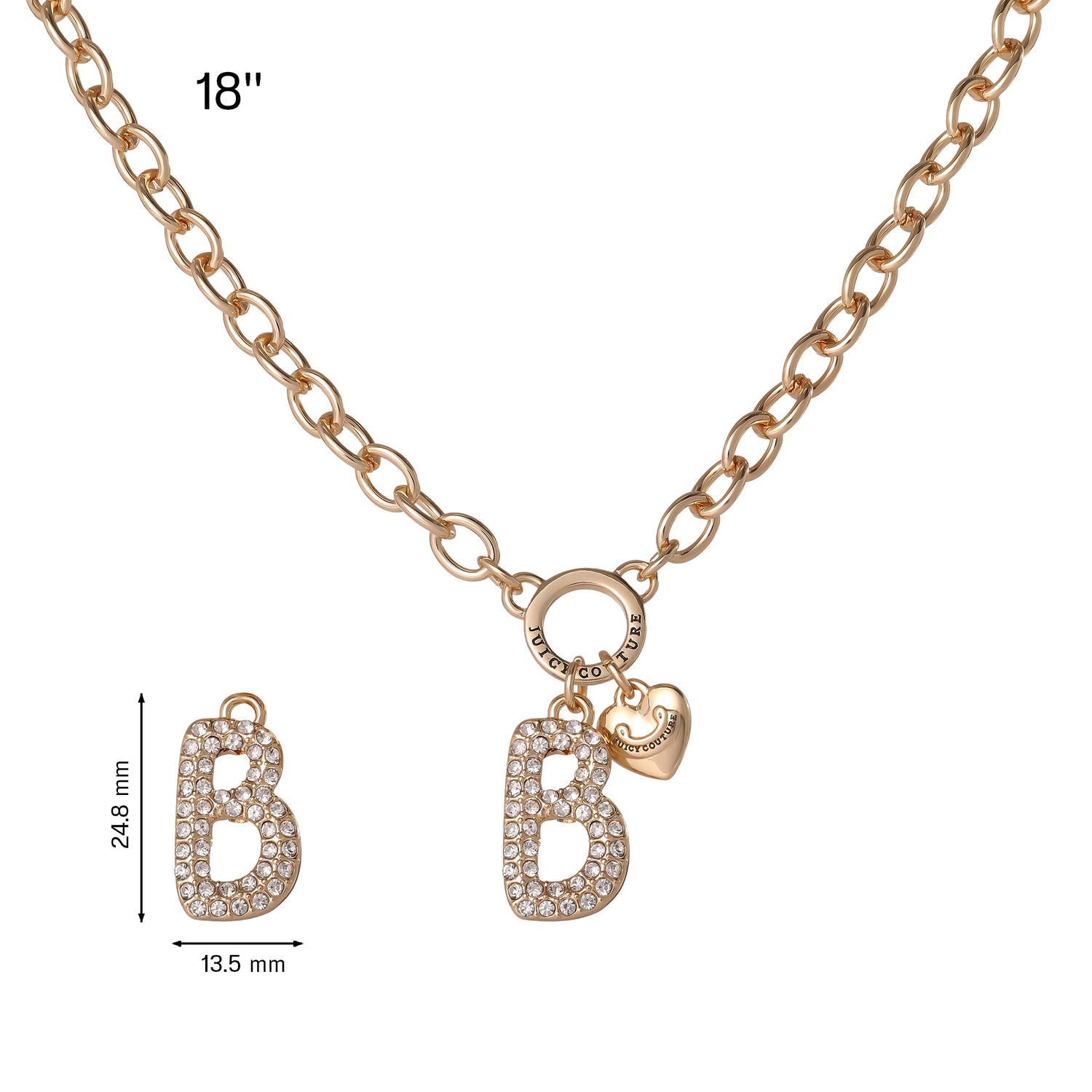 Juicy Couture Bubble Letter Necklace for Women with Clear Stones 18"+2", Chunky Initial Necklace Gold-Tone - B
