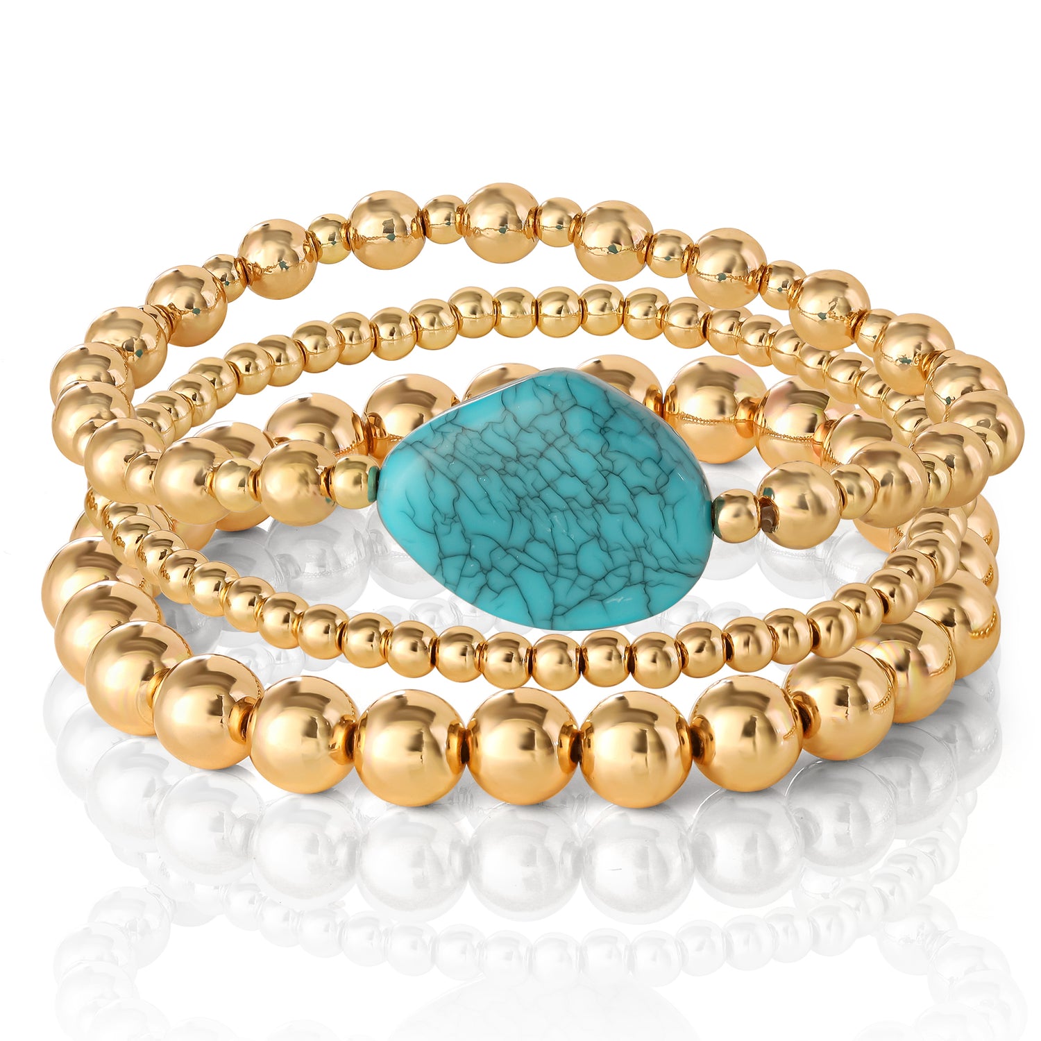 Jessica Simpson 3-Piece Beaded Stretch Bracelet Set - Gemstone & Gold-Tone Accents - Turquoise
