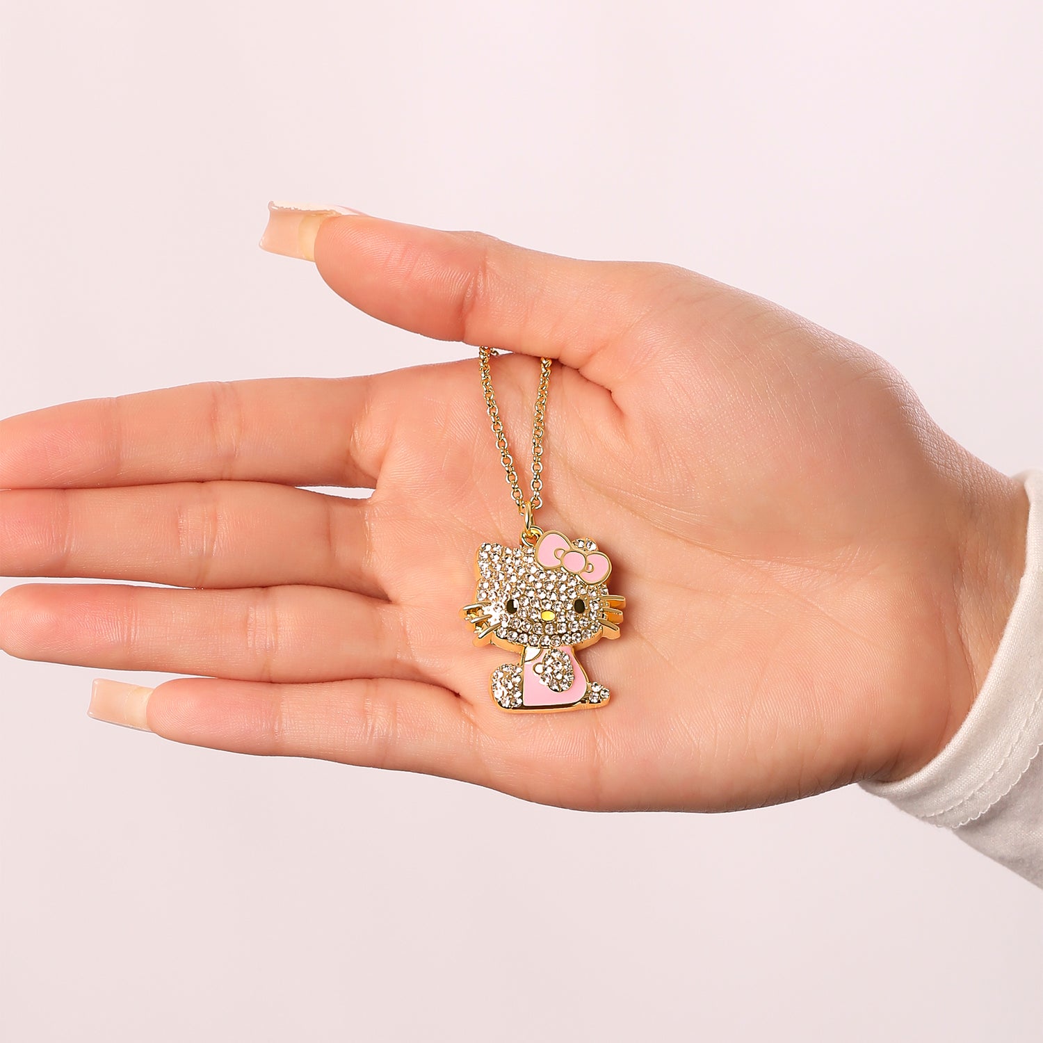 SALLY ROSE Hello Kitty Pink Enamel and Pave Crystal Pendant Necklace Official License, Gold-Tone 16+3 Hello Kitty Necklace, Sanrio Gifts - Pink