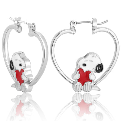 Peanuts Snoopy Heart Hoop Earrings, Silver-Tone with Red Enamel
