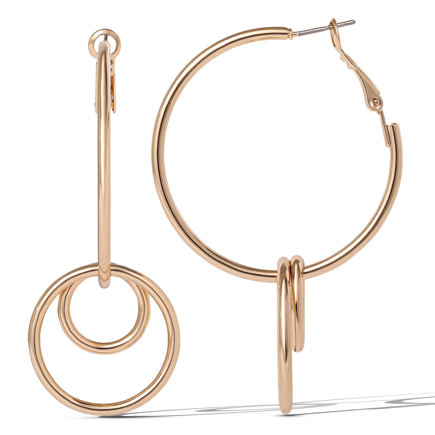 Jessica Simpson Gold-Tone Triple Ring Drop Hoop Earrings – Bold and Stylish Statement Accessory