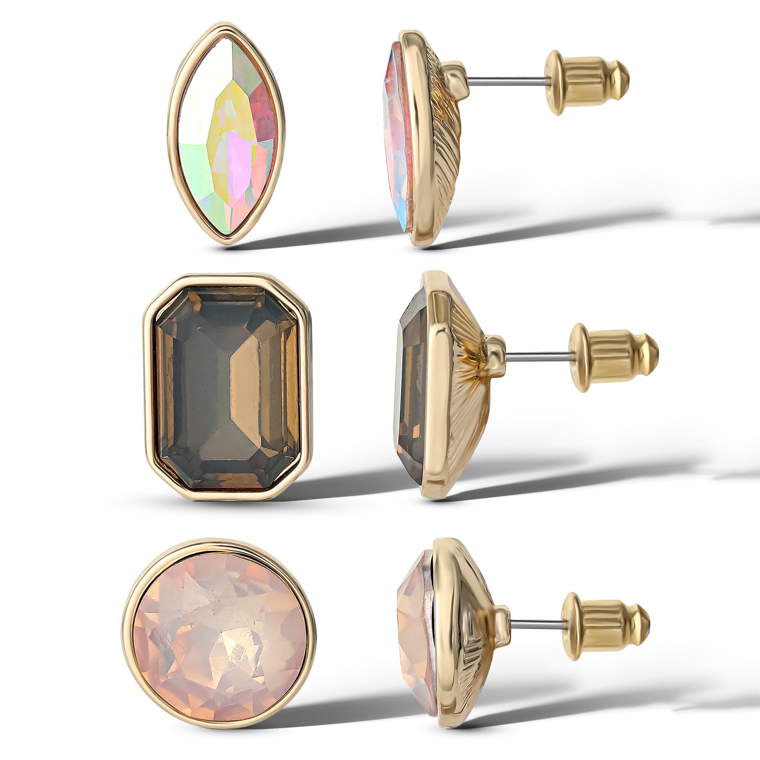 Jessica Simpson Multi-Stone Stud Black Pink and AB Cyrstal Earring Set - 3 Pairs