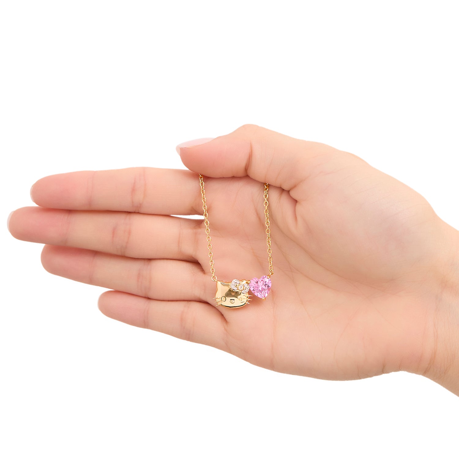 Hello Kitty Face and Heart Necklace 18", Yellow Gold-Plated Sterling Silver with Created Pink & White Sapphire, Official License